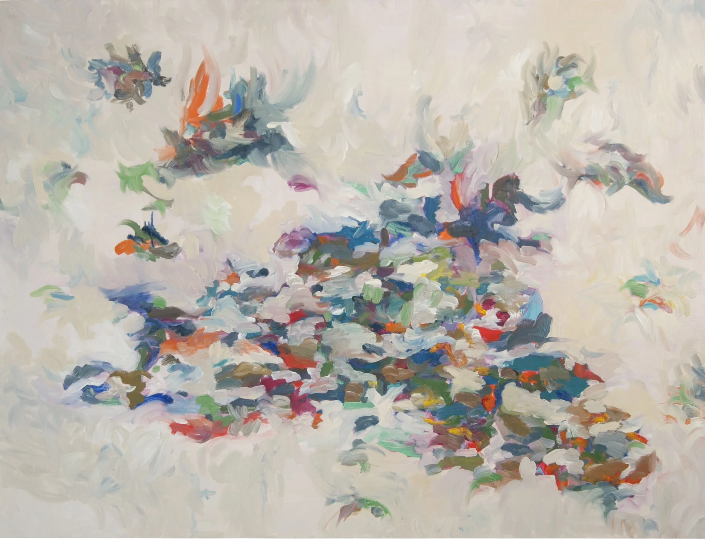 Swarm 1, an oil painting: clusters of loose brushstrokes in blue, orange, red and green drifting across a pale ground